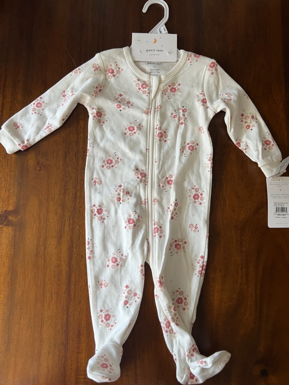 Petit Lem Cream Footed One-Piece with Pink Floral Print